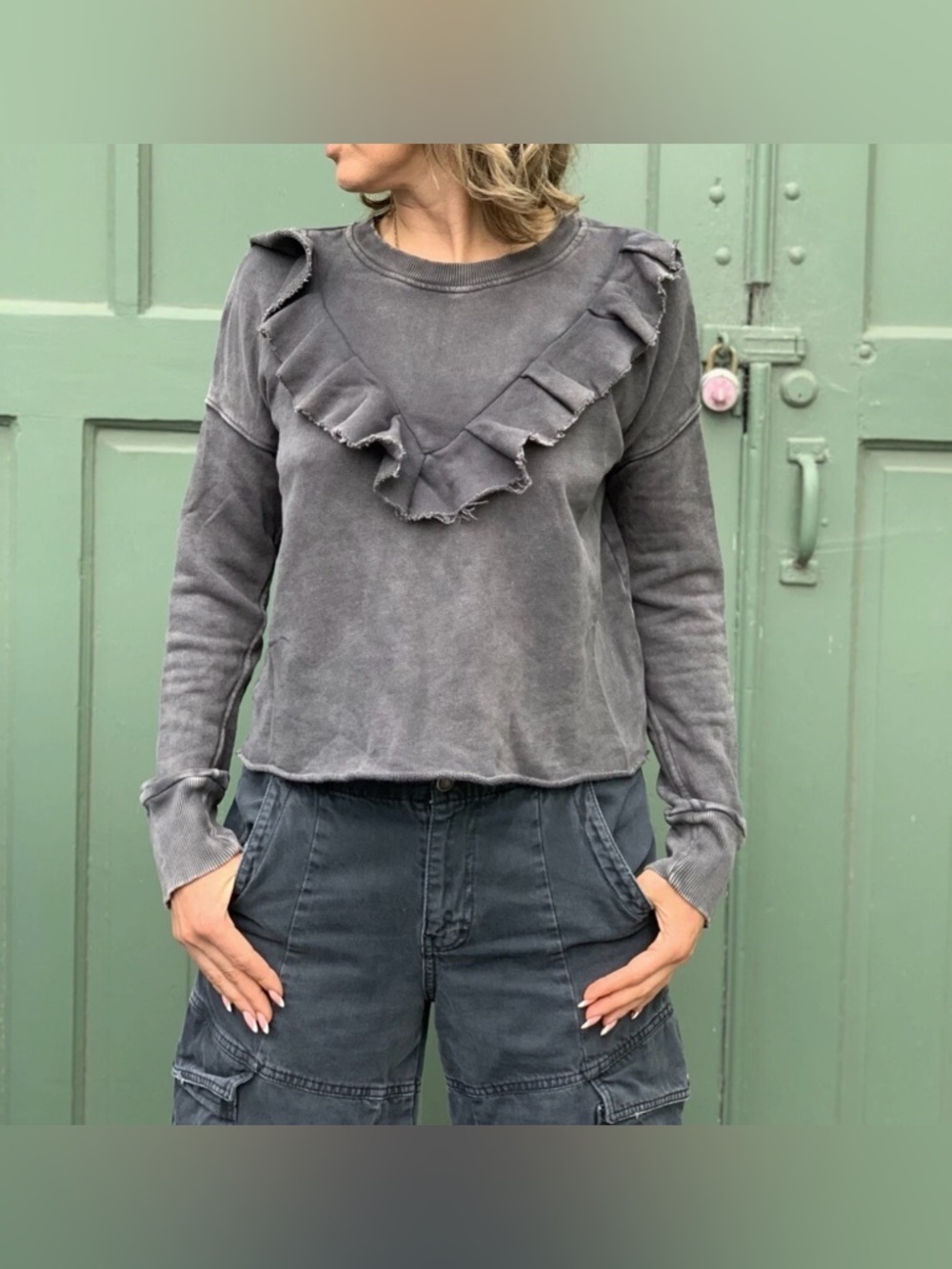 Free People Washed Gray Lightweight Cotton Ruffle Pullover - Size S - Picture 1 of 7